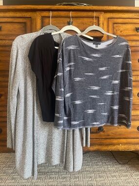 Eileen Fisher Basics Bundle Tee, Pattern Top and Light Grey Cardigan